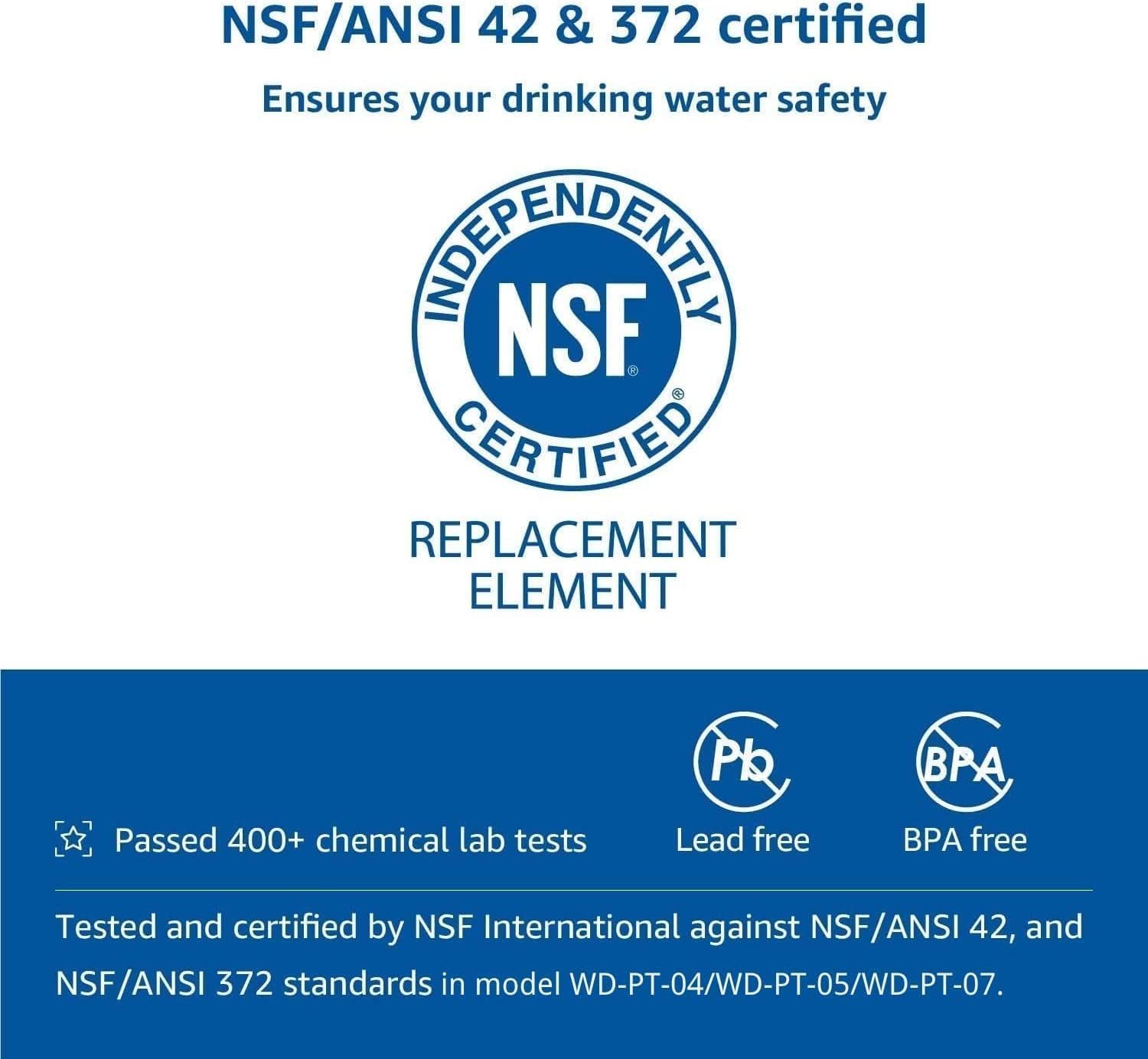 Waterdrop détail de l'étiquette montrant certifications NSF pour confiance