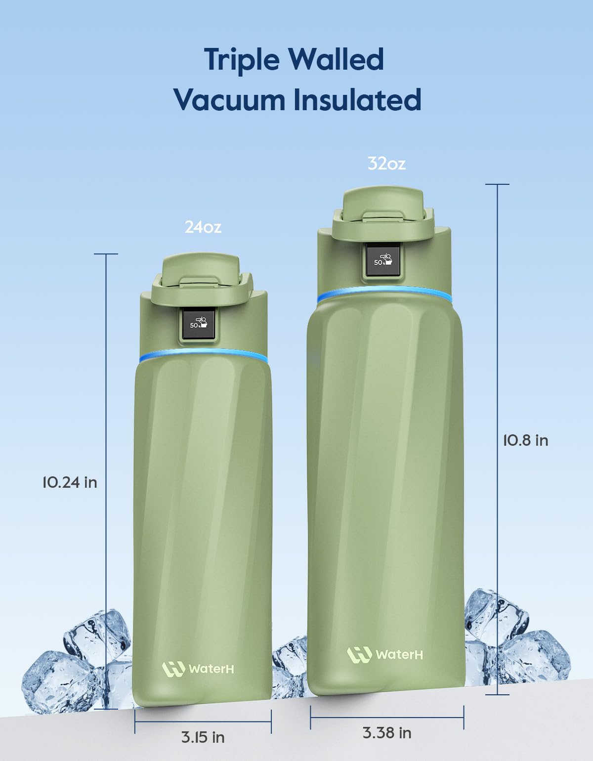 WaterH BOOST avec glaçons démontrant la bouche large et fraîcheur