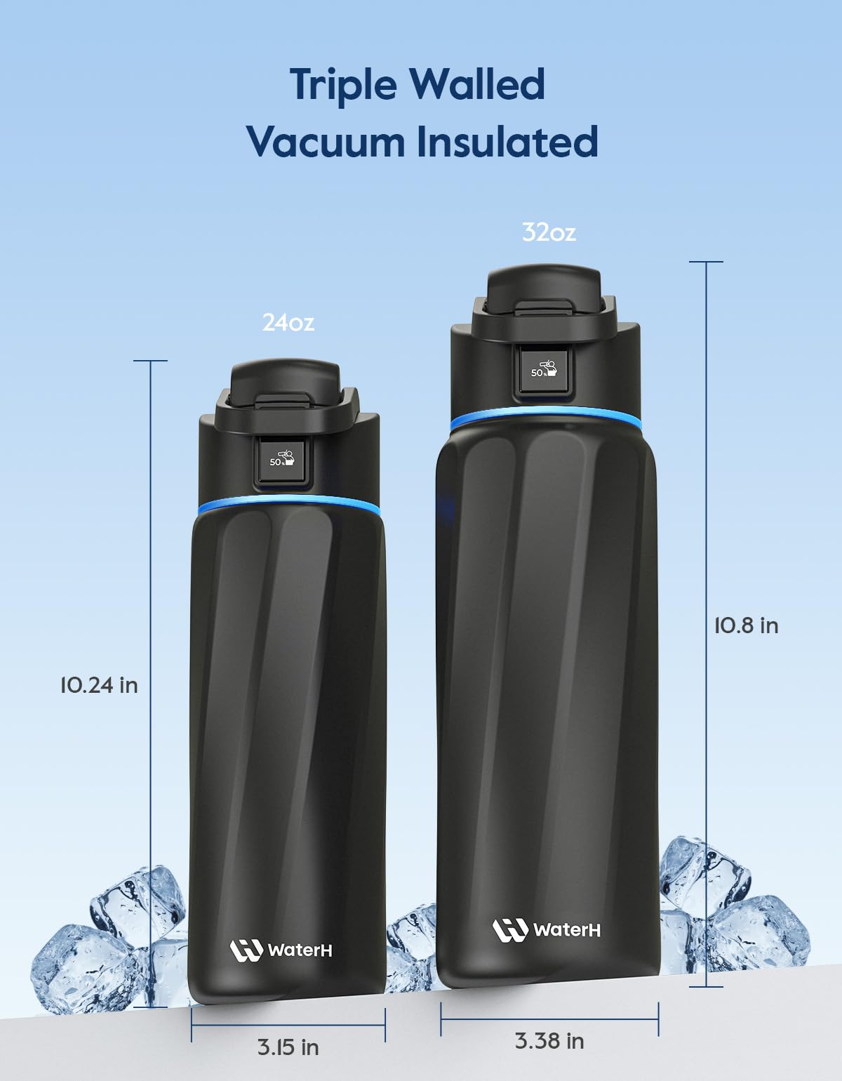 WaterH BOOST comparaison d'échelle montrant la taille 24oz