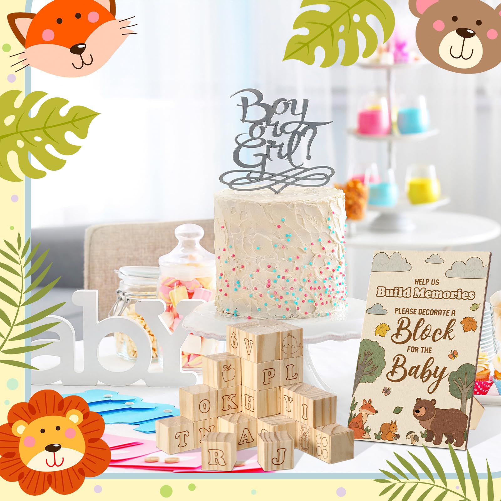 Watersay invités utilisant les blocs lors d'une baby shower, crée des souvenirs partagés