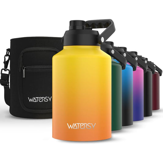WATERSY gourde face 128oz montrant capacité et poignée, pratique pour voyages