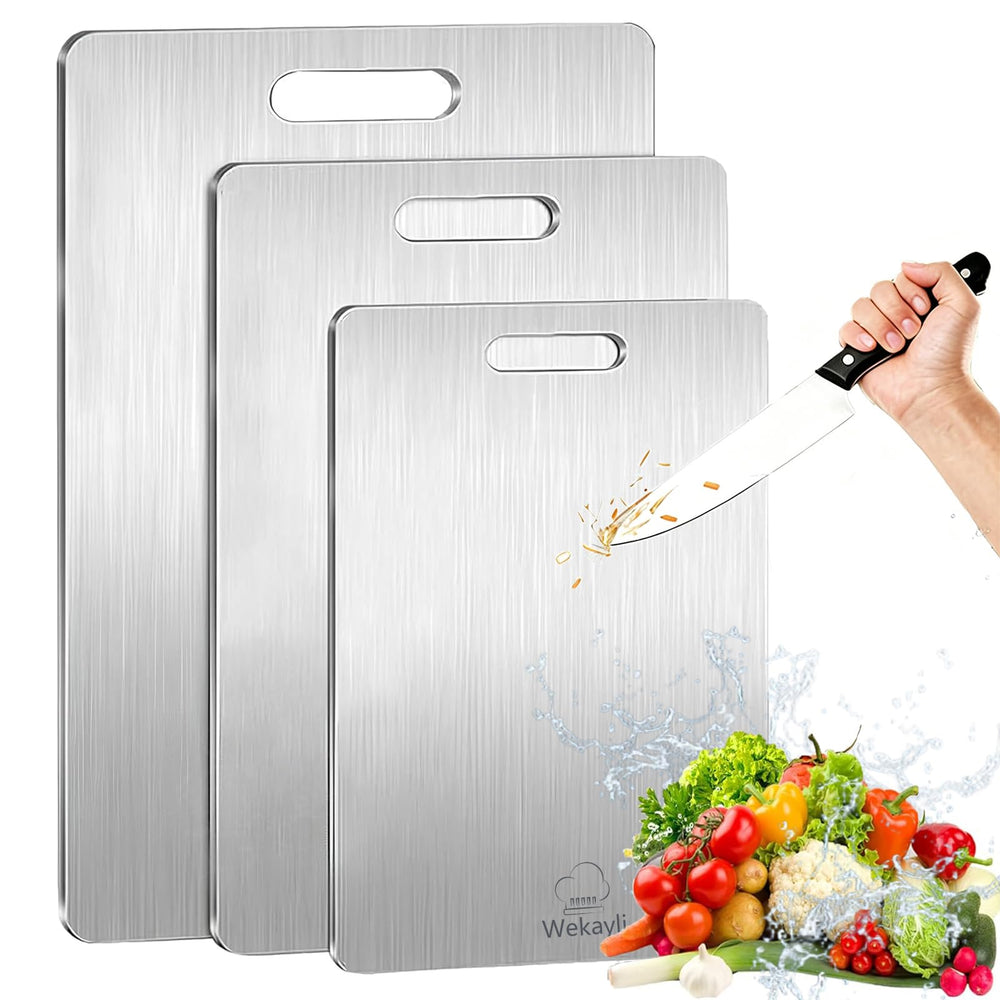 Wekayli ensemble de trois planches inox montrant tailles et finition, hygiène améliorée