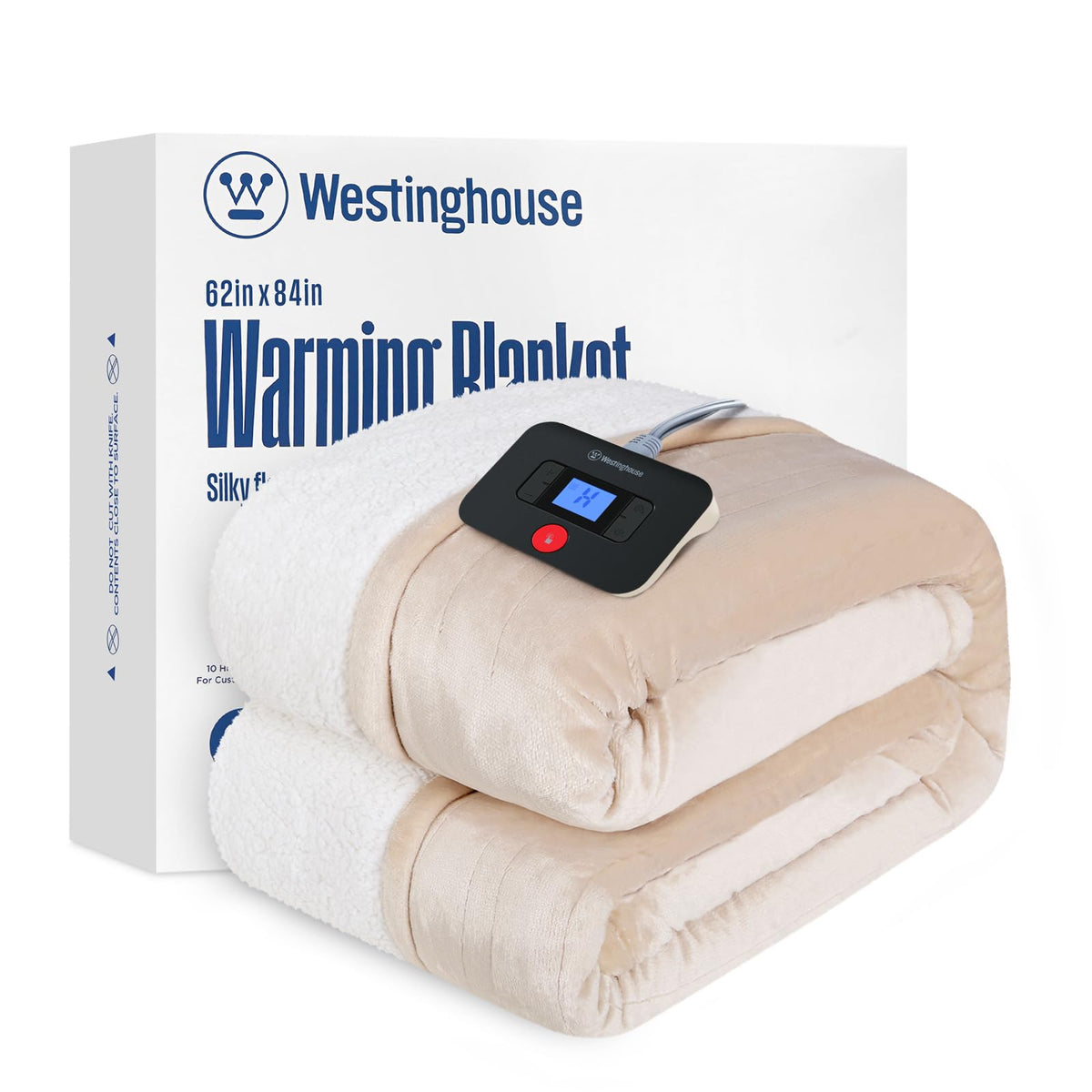 Westinghouse couverture chauffante face avant montrant taille Twin et couleur beige, confort immédiat