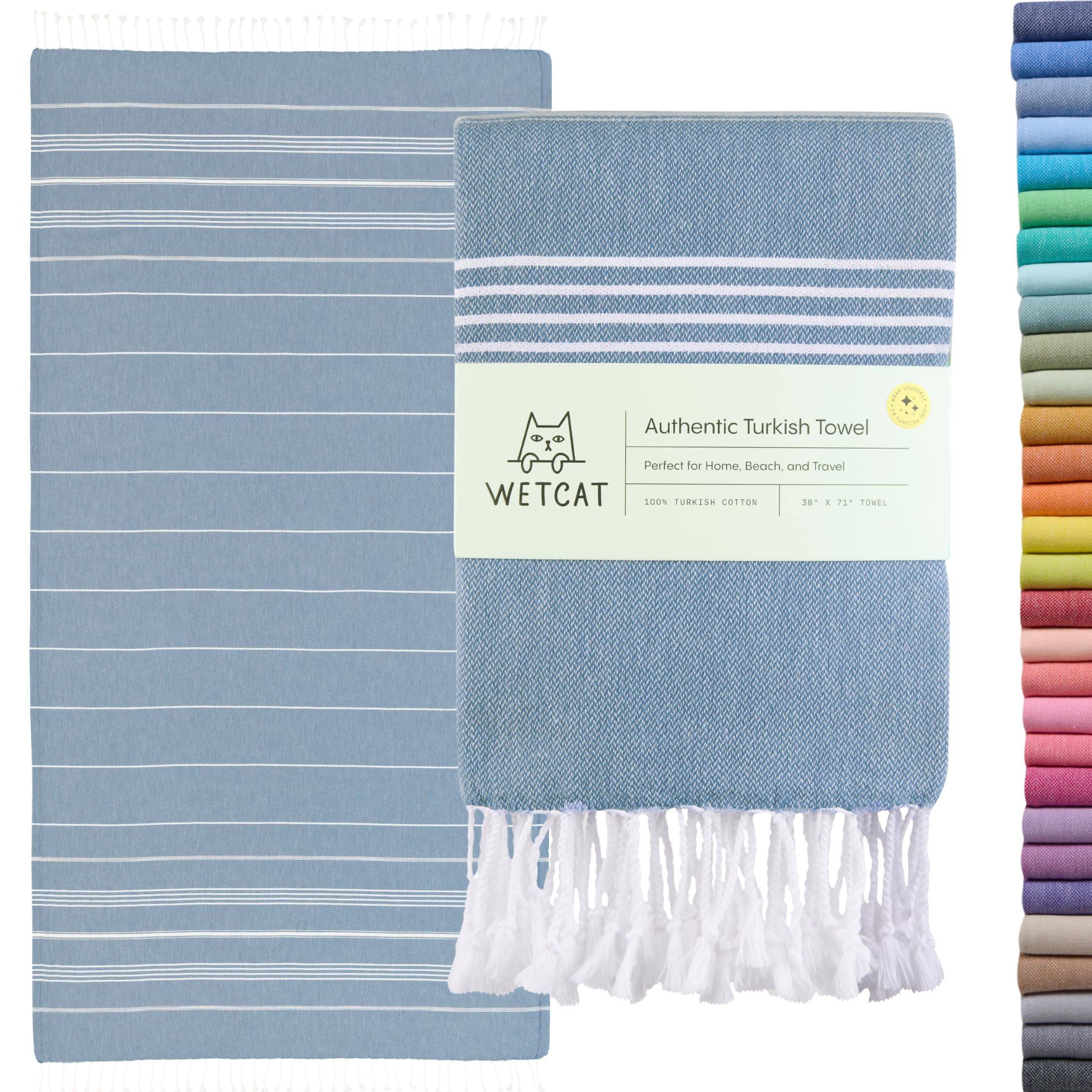 WETCAT serviette face denim bleu montrant largeur et couleur, confort visuel immédiat
