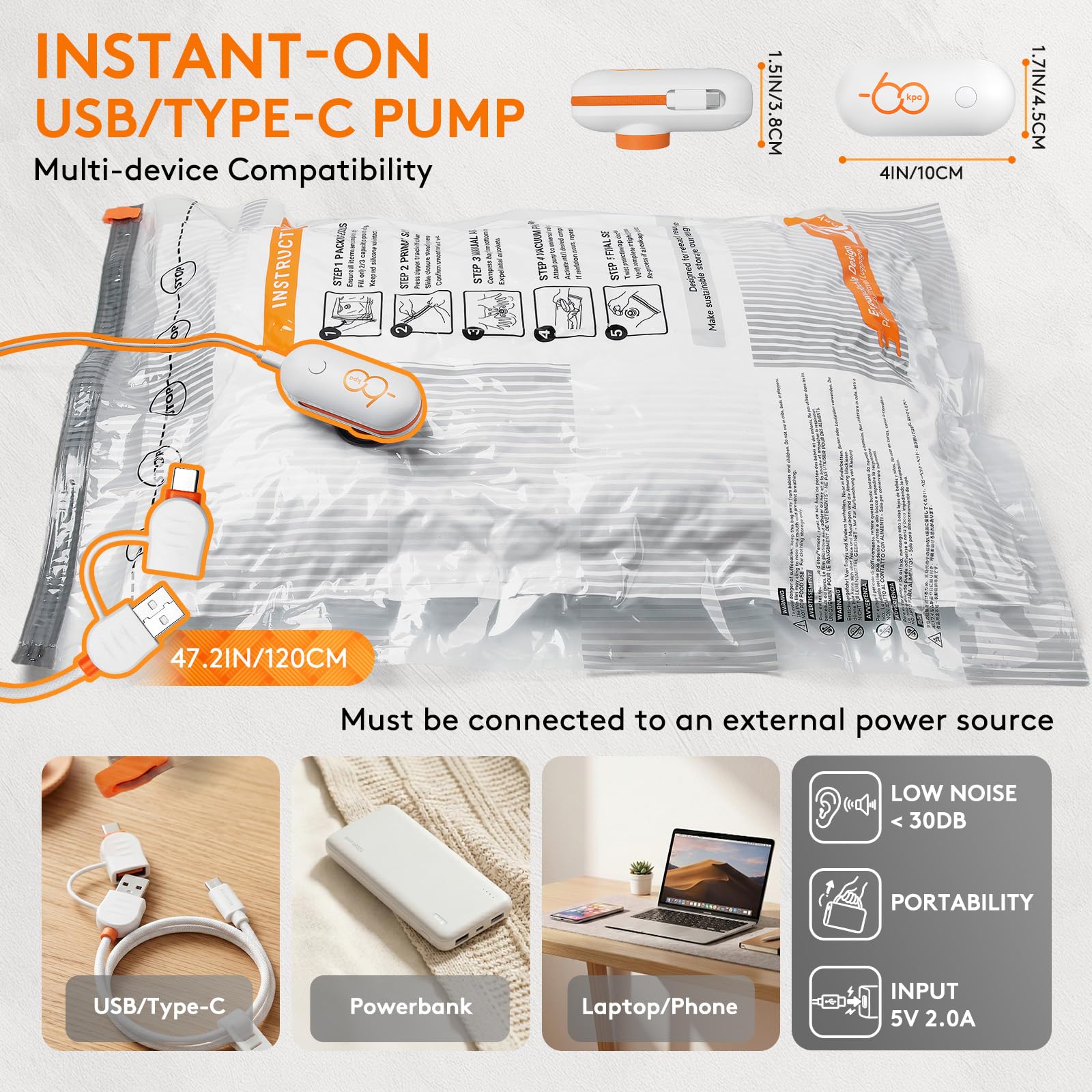 Wfiia détail de la pompe USB/Type‑C intégrée pour compression facile et rapide