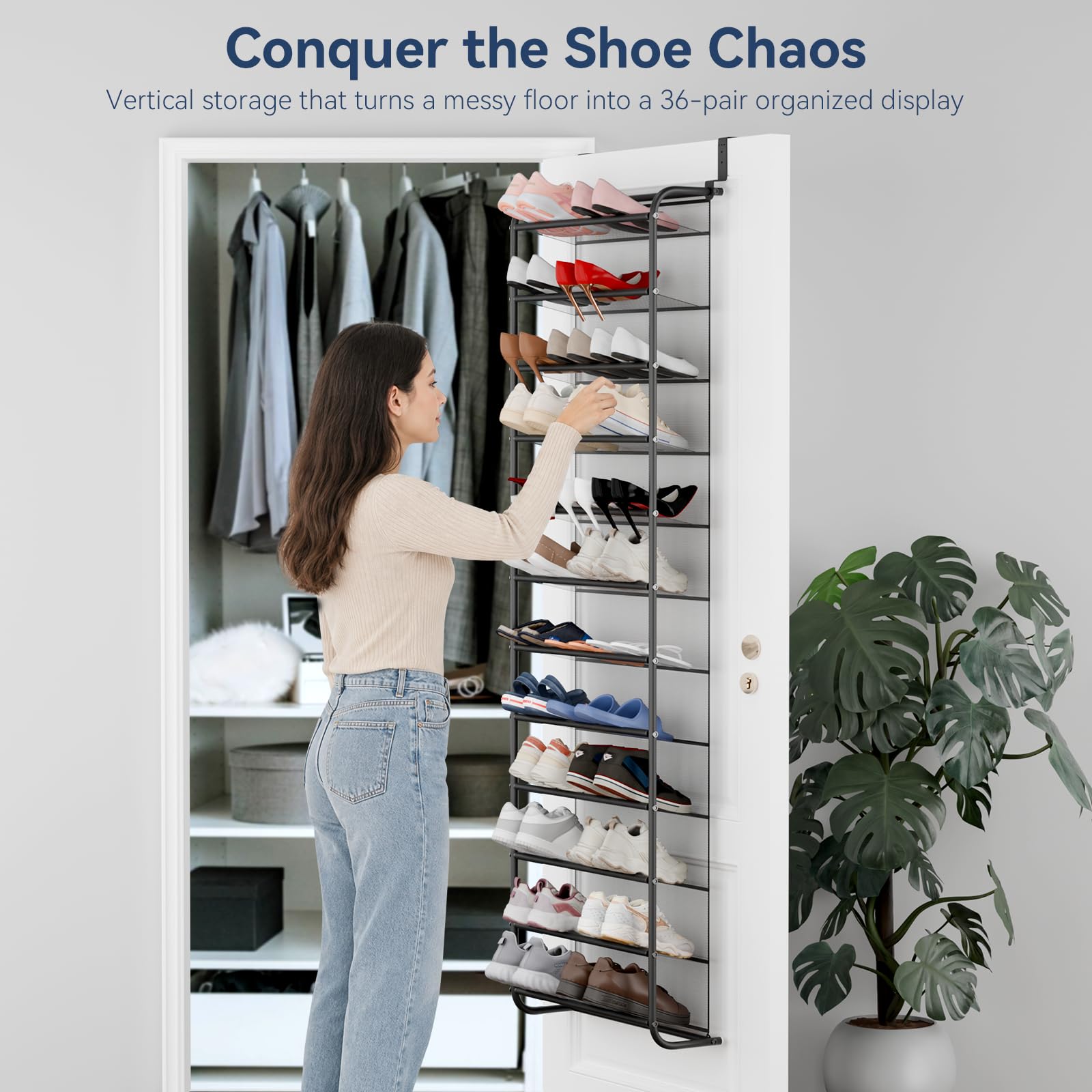 Whitmor organiseur chargé de chaussures montrant capacité jusqu'à 36 paires
