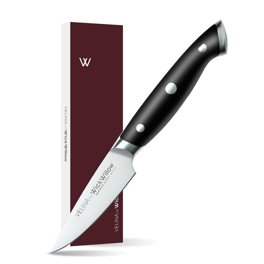WICKWILLOW vue avant du couteau en boîte, présentation cadeau pratique