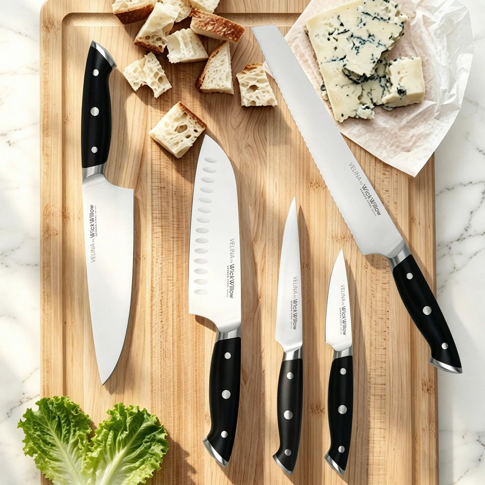 WICKWILLOW santoku en action découpant des légumes, vitesse et précision