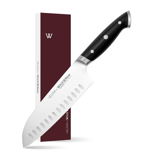 WICKWILLOW santoku face avant avec emballage, présentation professionnelle et cadeau