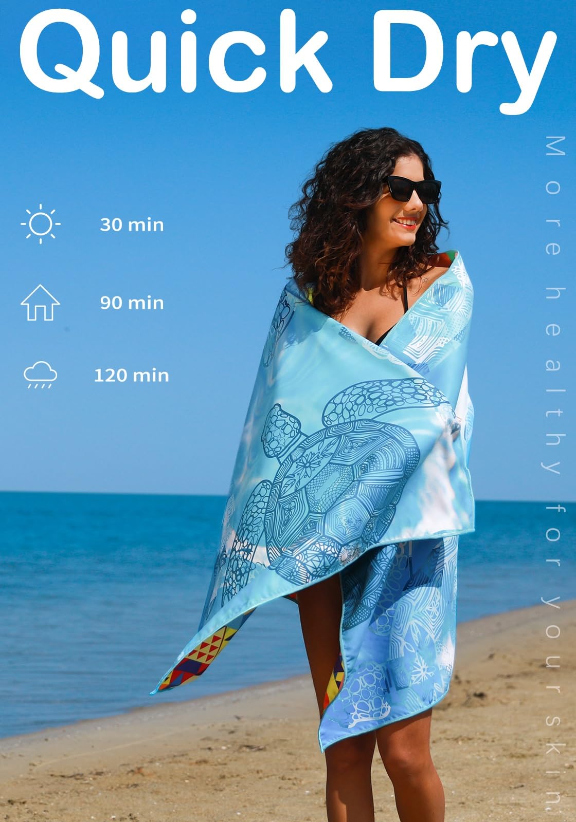Widdonen serviette utilisée sur la plage avec sac, facilitant transport et rangement