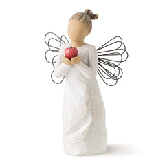 Willow Tree figurine vue de face montrant l'ange offrant une pomme pour exprimer la gratitude