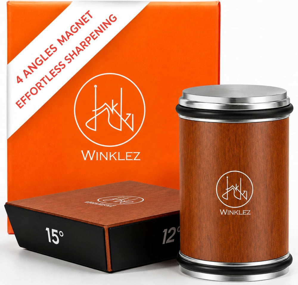 Aiguiseur Winklez vue de face montrant bois naturel et aimants pour stabilité