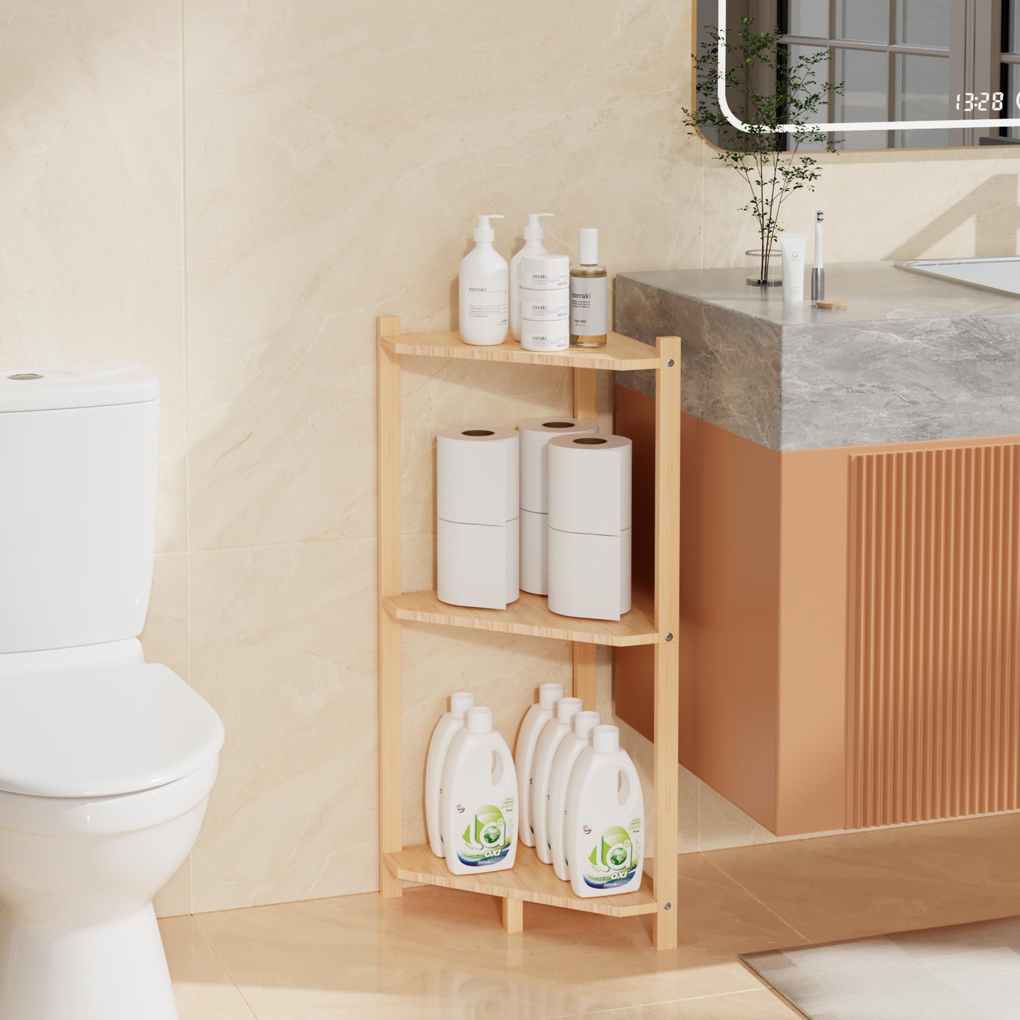 Étagère Wisuce vue frontale en bambou, rangement compact pour coin