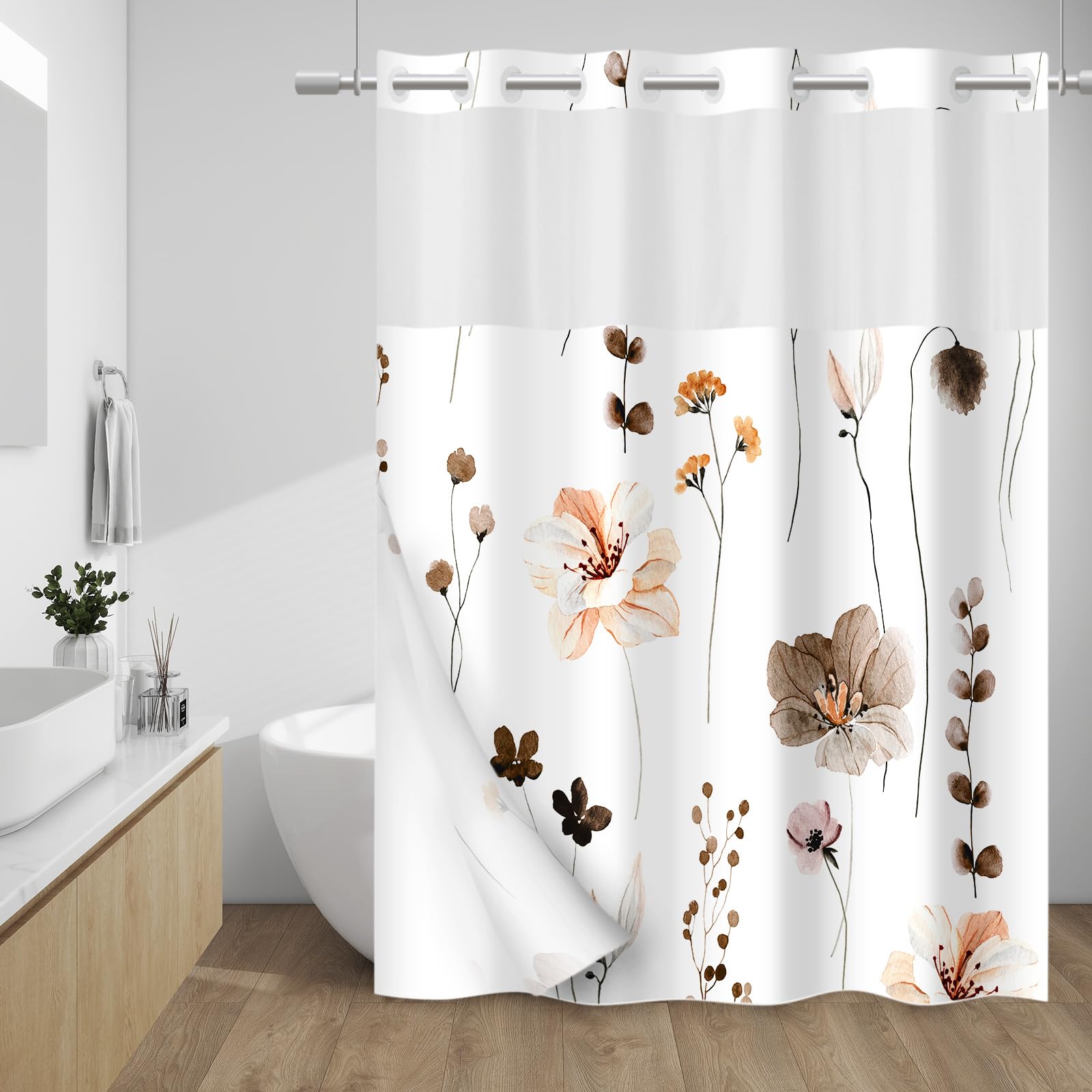 WITHLOC rideau de douche face avant motif floral marron, apporte style pratique