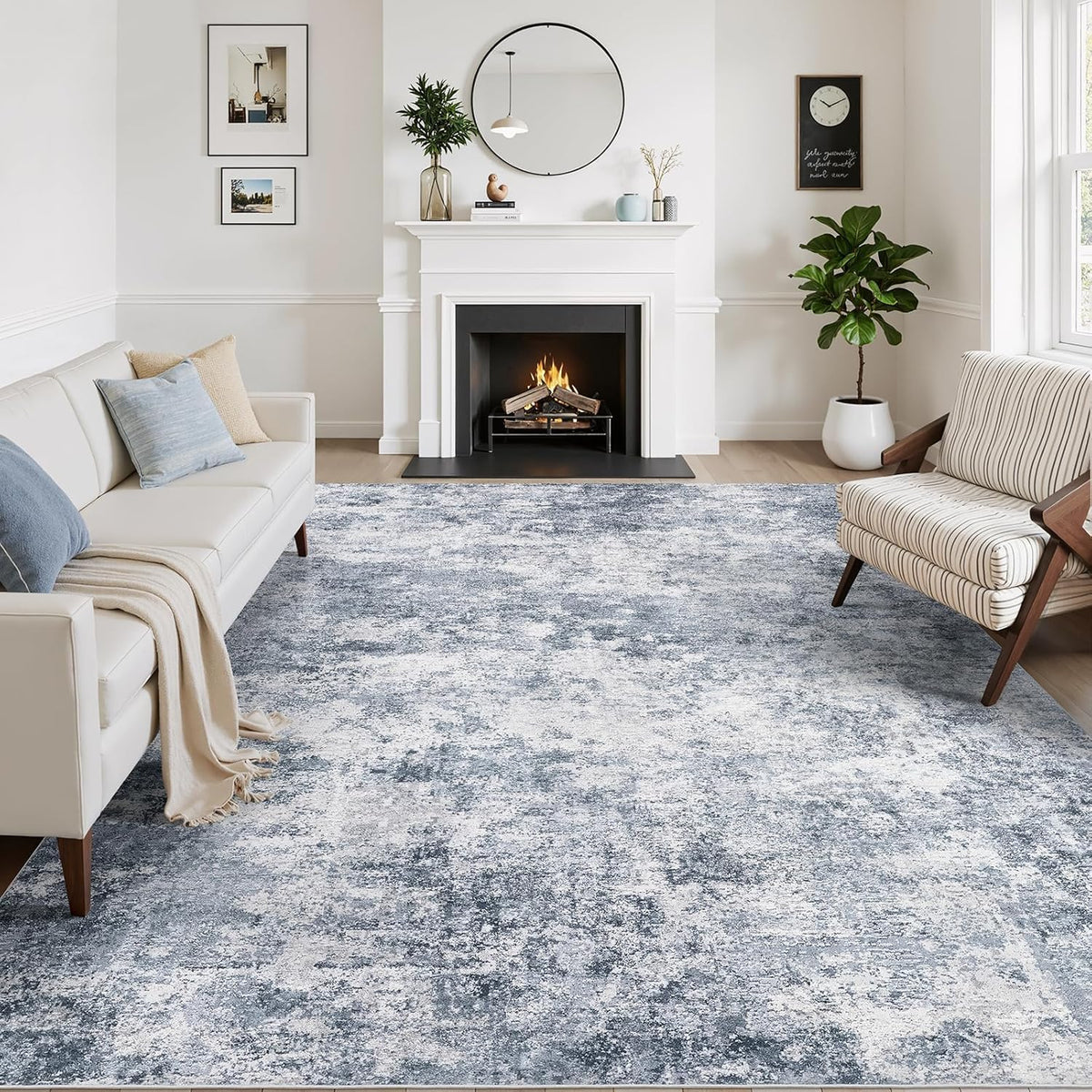 WITSHOCK tapis face avant 5x7 montrant motif abstrait bleu et ambiance moderne