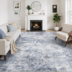 WITSHOCK tapis face avant 5x7 montrant motif abstrait bleu et ambiance moderne