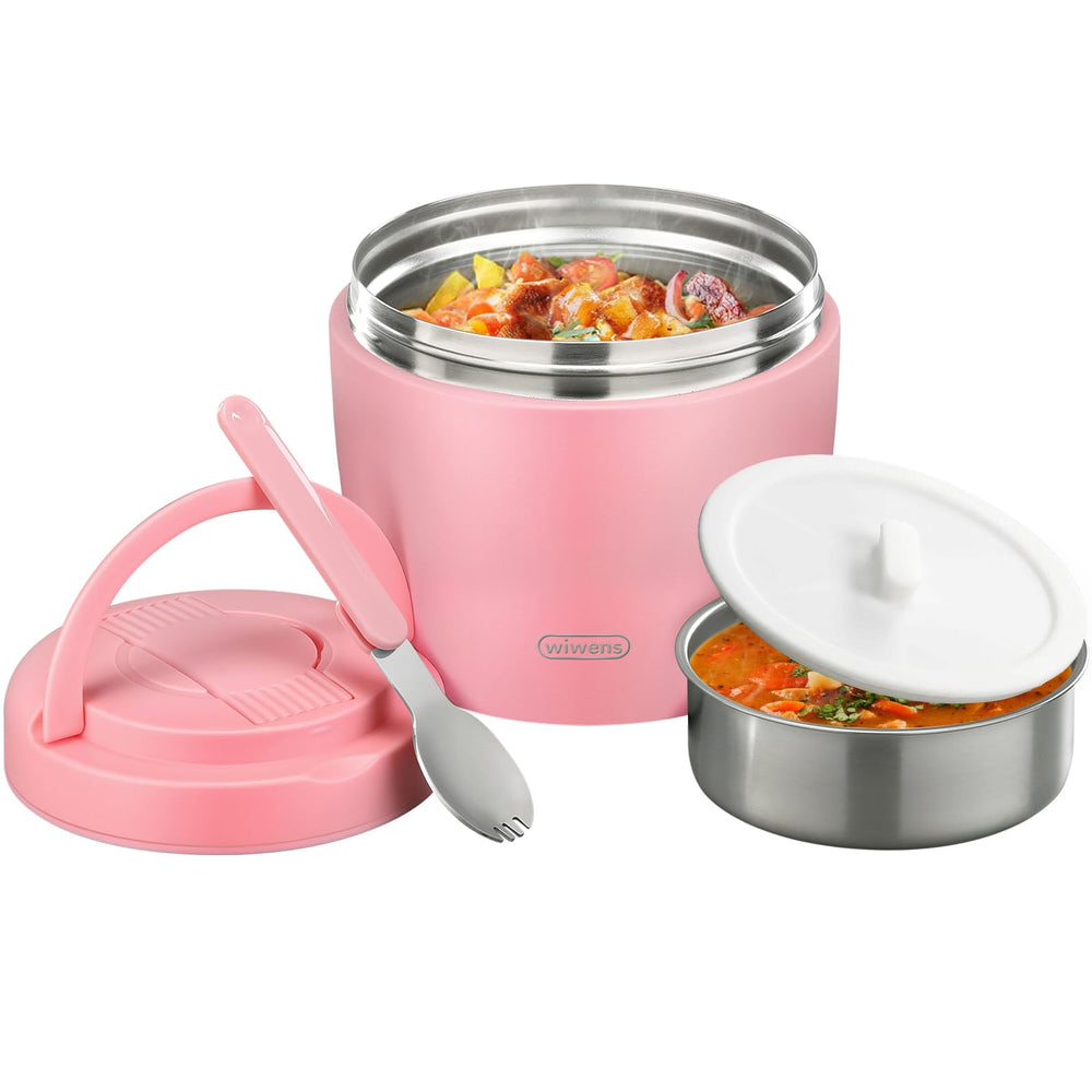 wiwens vue de face du bocal thermo rose montrant la forme et la grande ouverture bénéfice transport facile