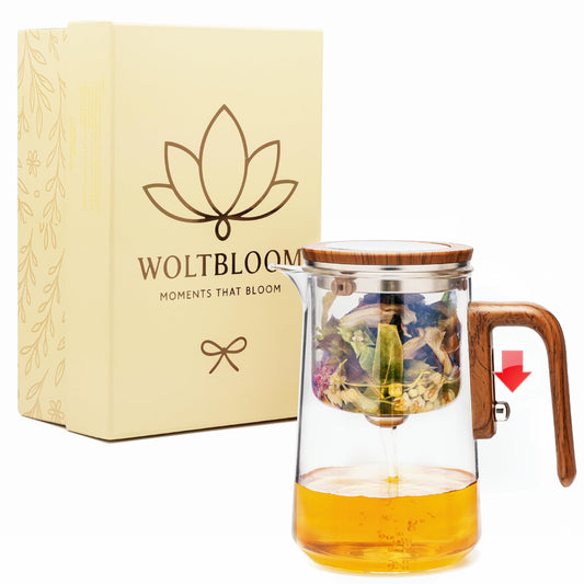 WOLTBLOOM théière devant montrant design élégant et transparence