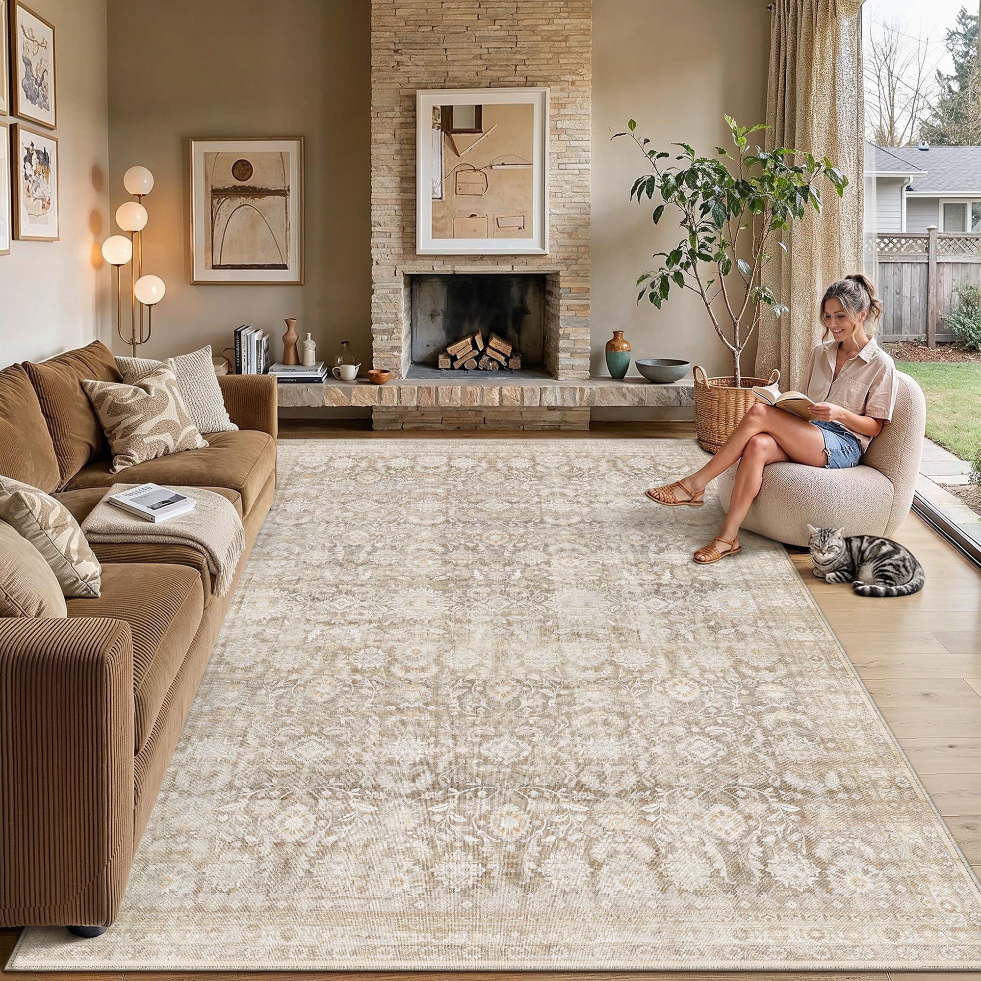 WondRg vue frontale du tapis 8x10 beige montrant l’ensemble du motif, élégance neutre