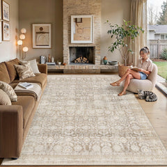 WondRg vue frontale du tapis 8x10 beige montrant l’ensemble du motif, élégance neutre