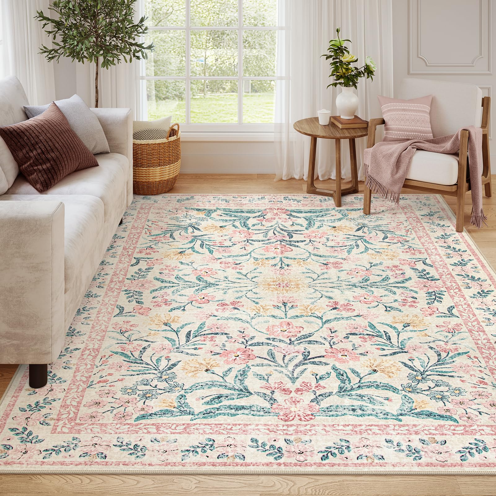 Wonnitar vue frontale tapis rose bohème, apporte chaleur décorative
