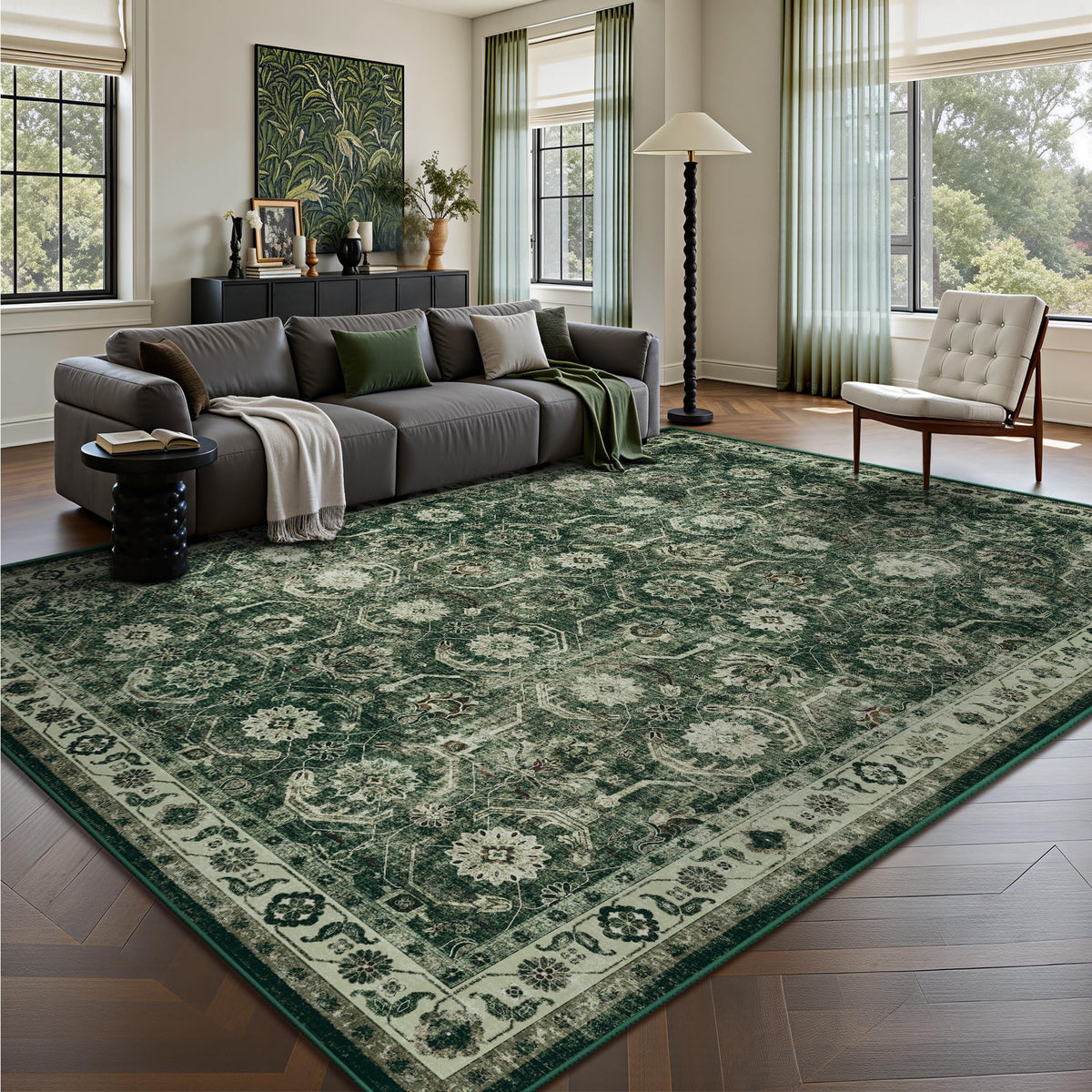 Woodbruy tapis face avant montrant motif sage green et style moderne