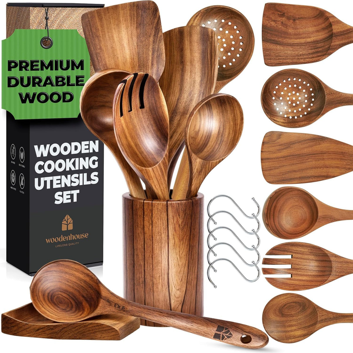 Woodenhouse ensemble devant montrant 8 ustensiles et support, durable et élégant