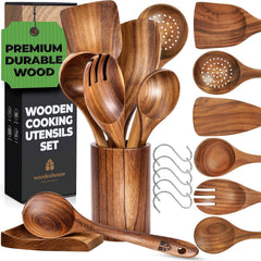 Woodenhouse ensemble devant montrant 8 ustensiles et support, durable et élégant