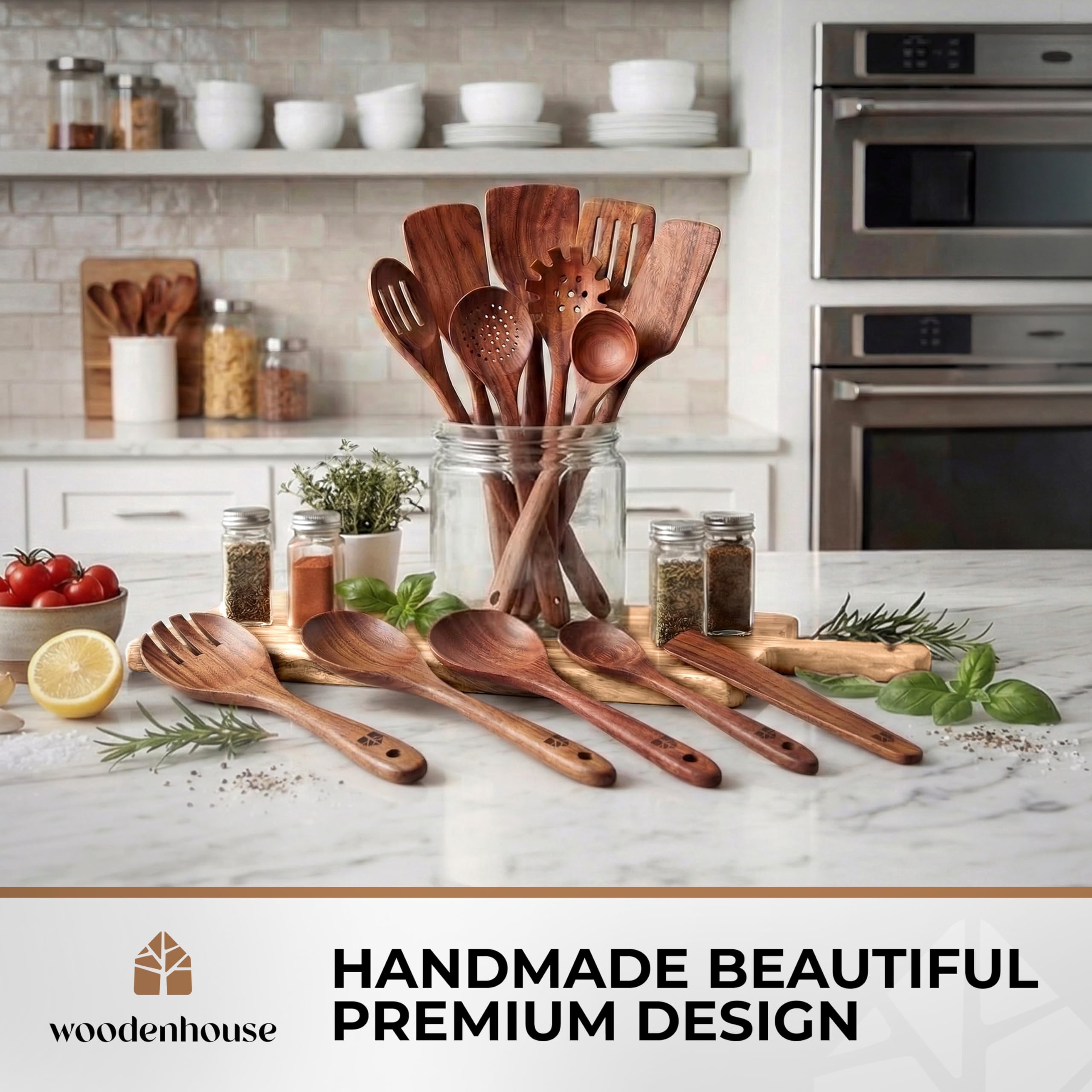 Woodenhouse set posé sur plan de travail lifestyle, look chaleureux et pratique