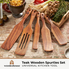 Lot de 5 spurtles Woodenhouse en teck vu de face, finition lisse et uniforme