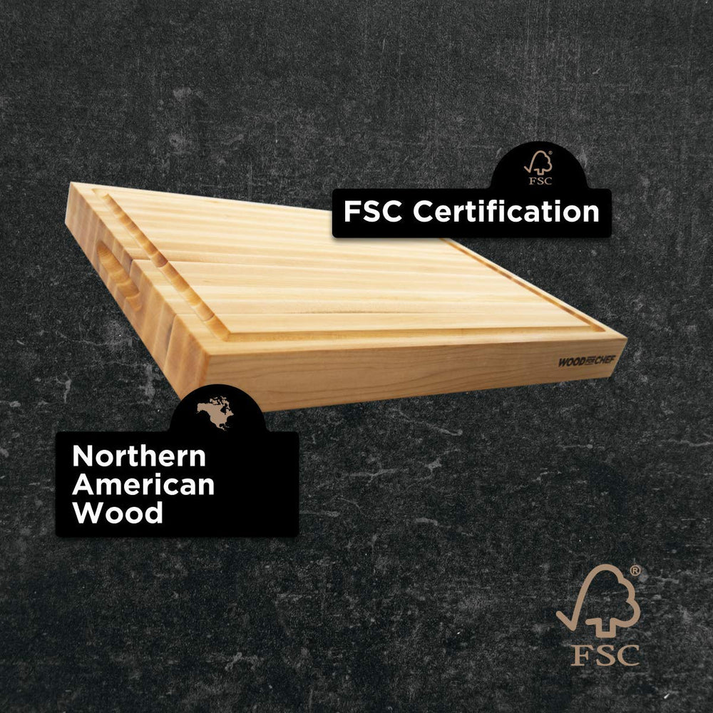 WoodForChef planche côté réversible illustrant les deux surfaces utiles