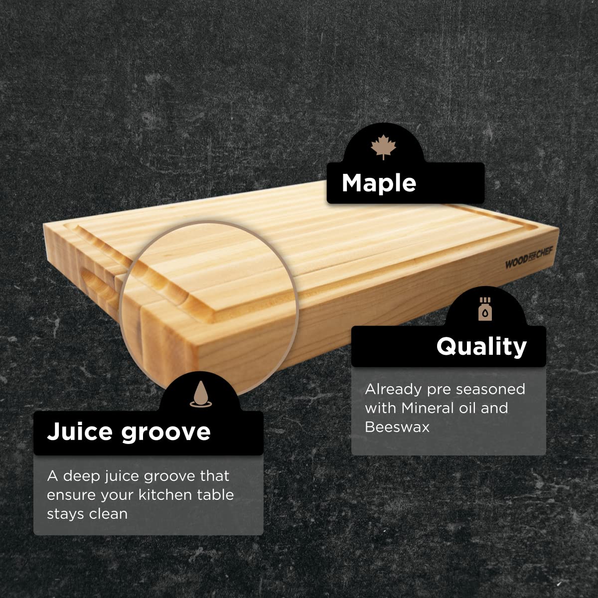 WoodForChef gros plan du grain d'érable durable et esthétique