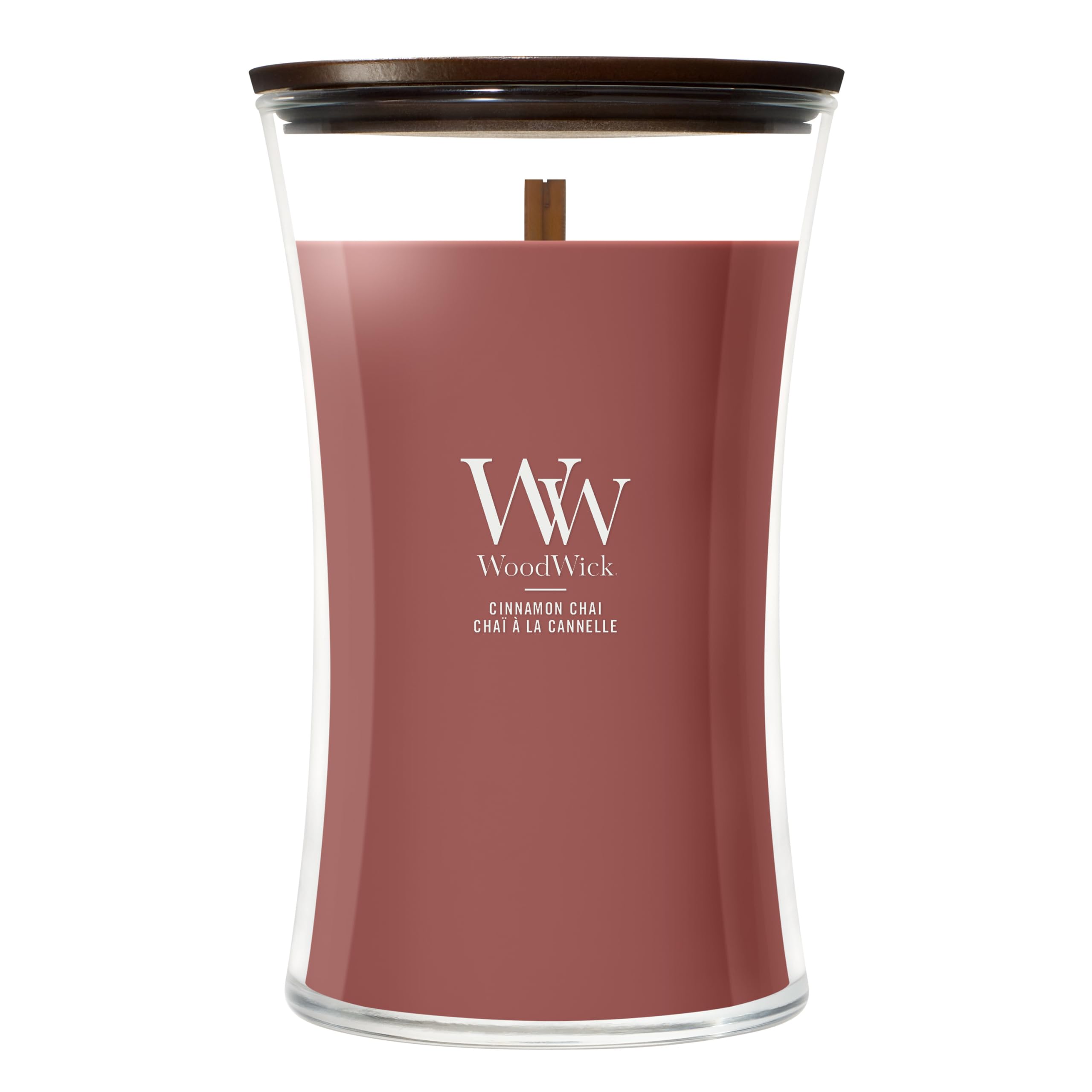 WoodWick bougie Cinnamon Chai face hourglass créant une ambiance chaleureuse