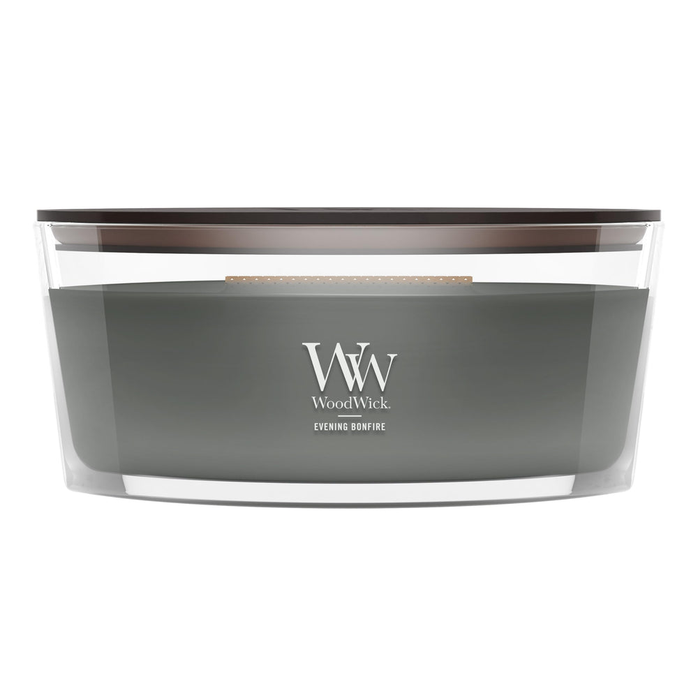 WoodWick(ウッドウィック) bougie Evening Bonfire vue face, élégance et parfum chaleureux