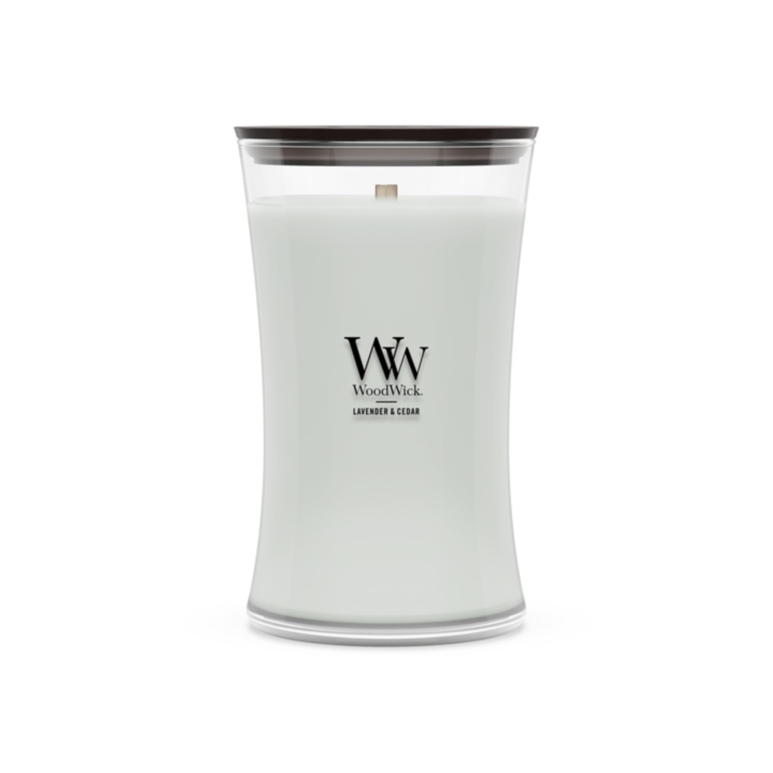 WoodWick bougie hourglass face avant offrant un look élégant et chaleureux