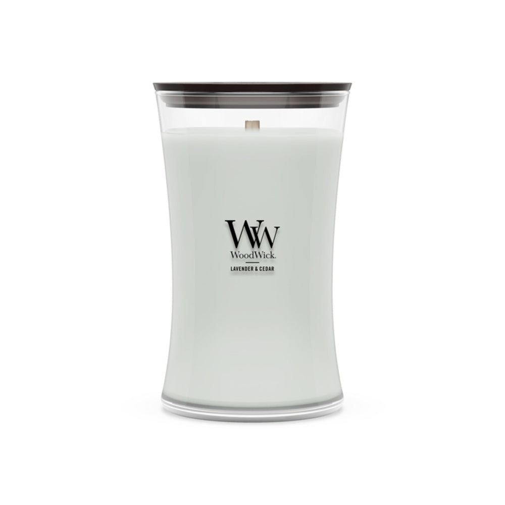 WoodWick bougie hourglass face avant offrant un look élégant et chaleureux