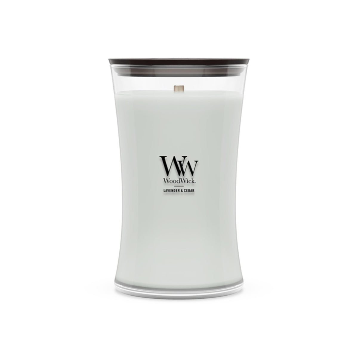 WoodWick bougie hourglass face avant offrant un look élégant et chaleureux