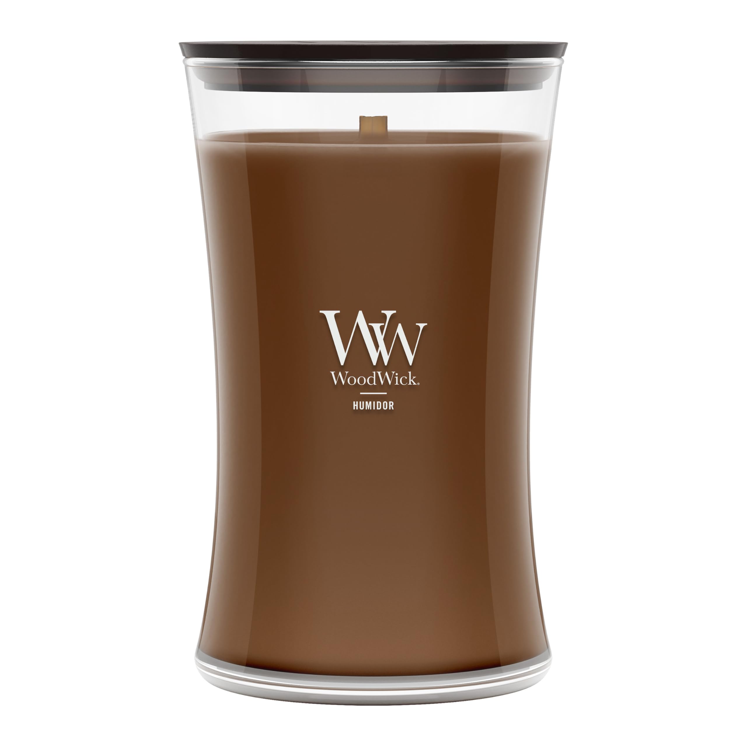 WoodWick vue de face du pot et étiquette, design élégant bénéfice esthétique