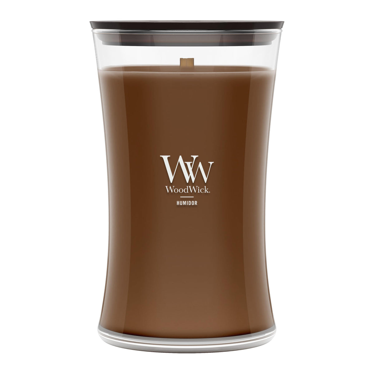 WoodWick vue de face du pot et étiquette, design élégant bénéfice esthétique