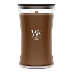 WoodWick vue de face du pot et étiquette, design élégant bénéfice esthétique