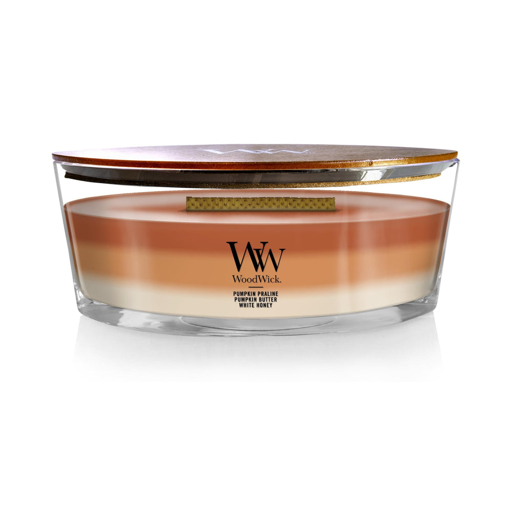 WoodWick(ウッドウィック) bougie Pumpkin Gourmand vue avant, design ellipse chaleureux