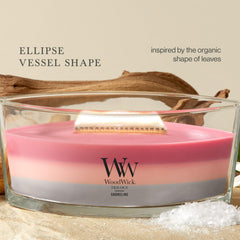 WoodWick Shoreline étiquette listant Melon Blossom, Coastal Sunset et Palo Santo utile pour choisir
