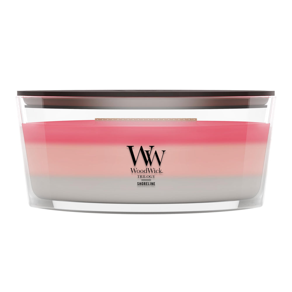 WoodWick Shoreline face de la bougie ellipse montrant le design et apport décoratif