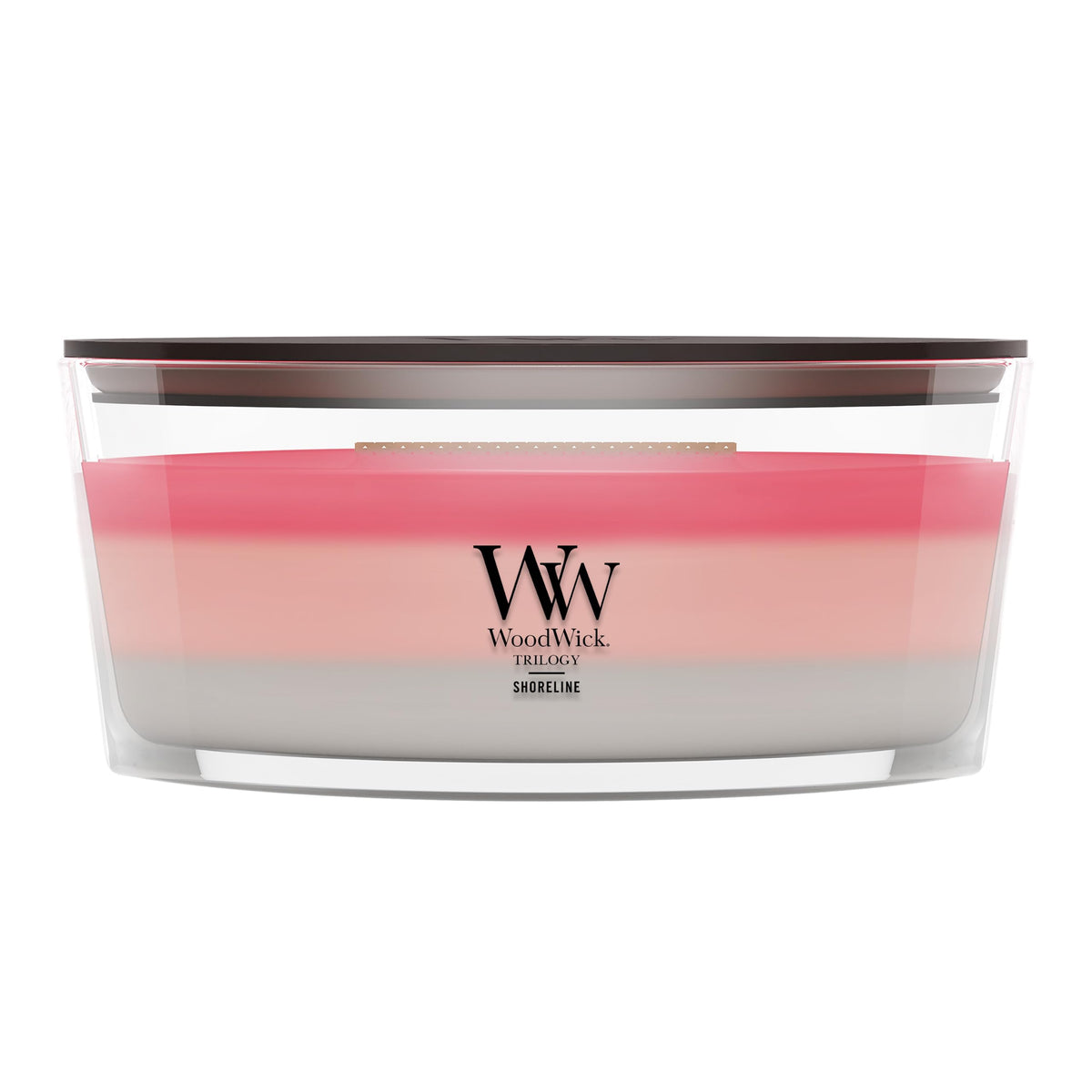 WoodWick Shoreline face de la bougie ellipse montrant le design et apport décoratif