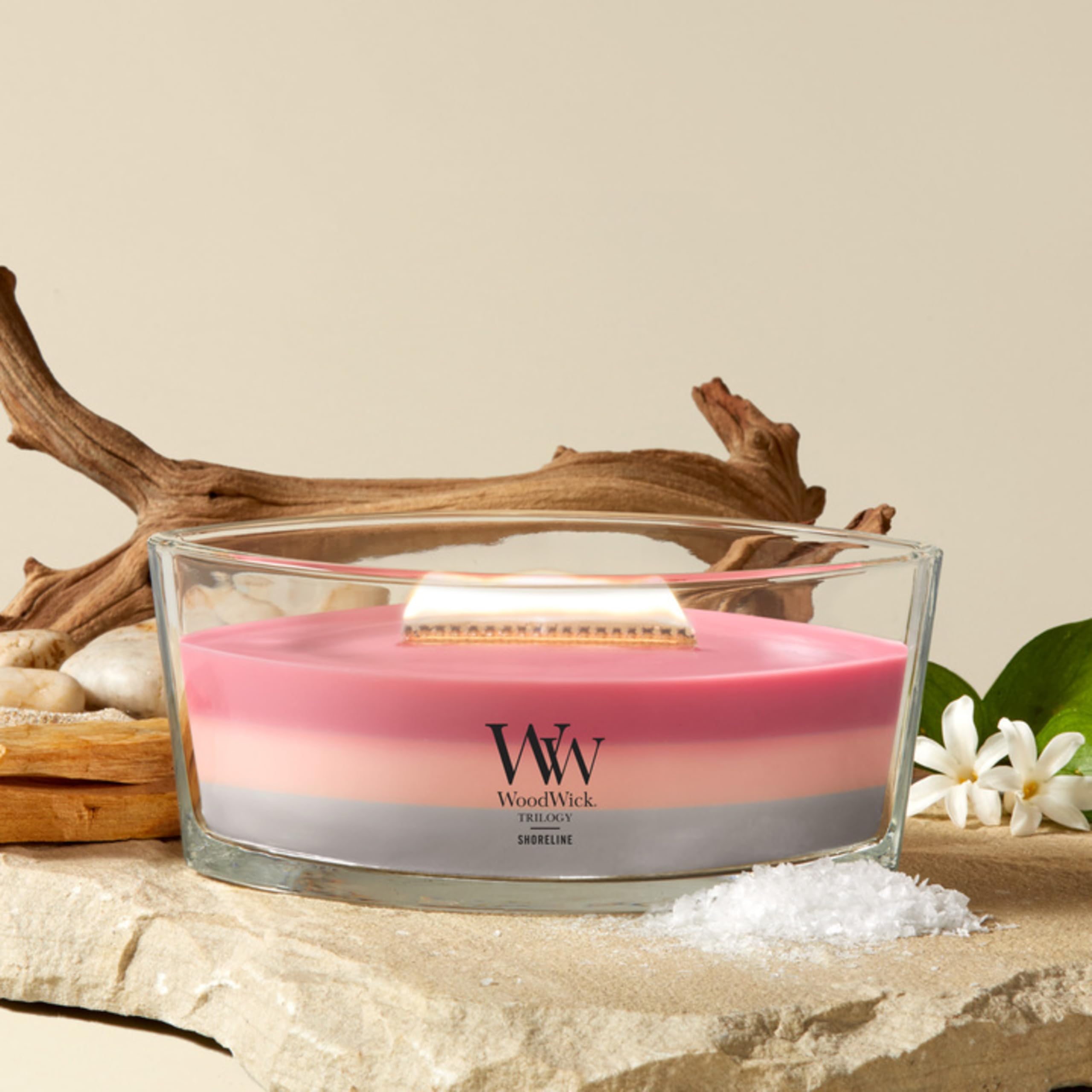 WoodWick Shoreline gros plan mèche en bois Hearthwick pour crépitement réaliste