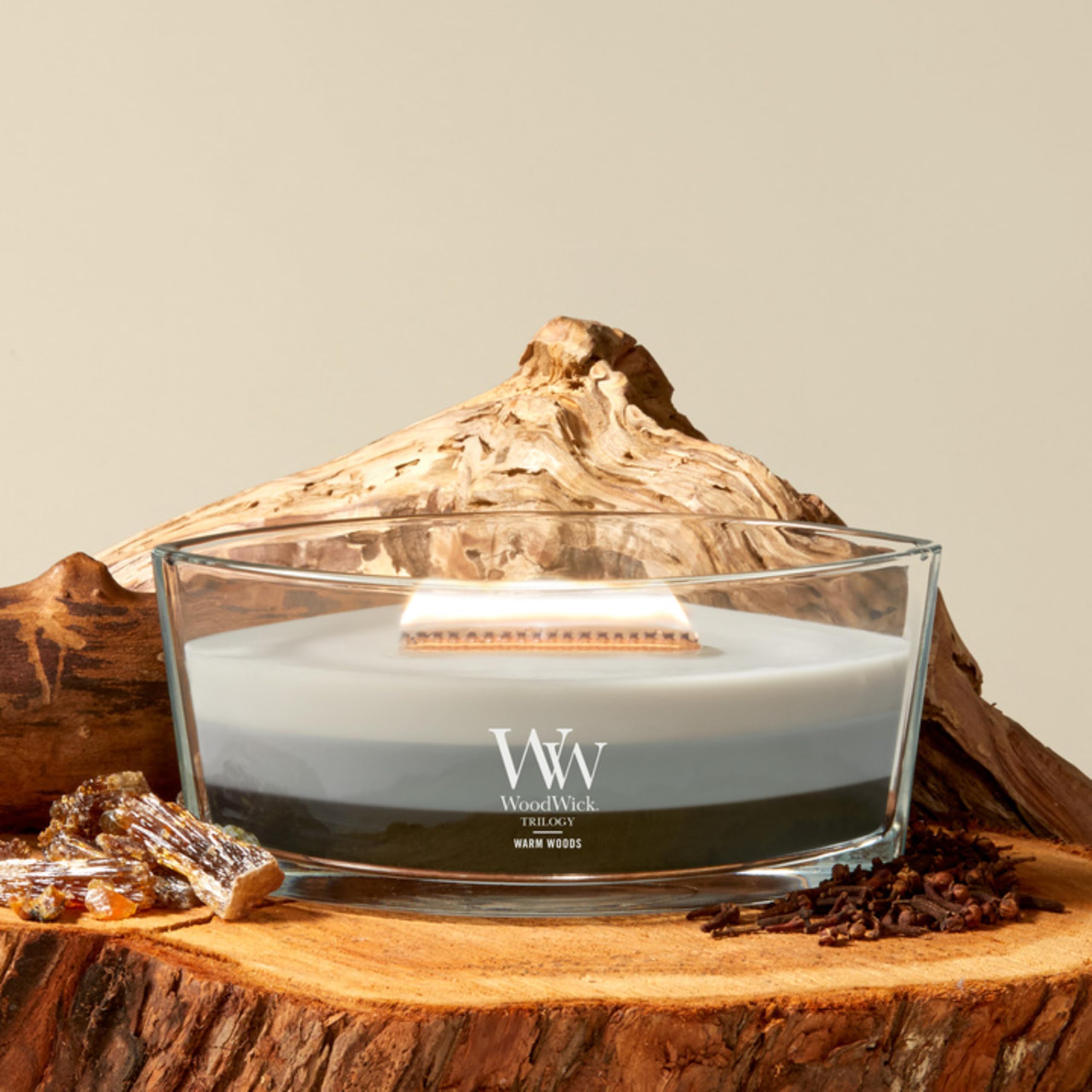 WoodWick étiquette trilogie, liste des parfums pour transition olfactive
