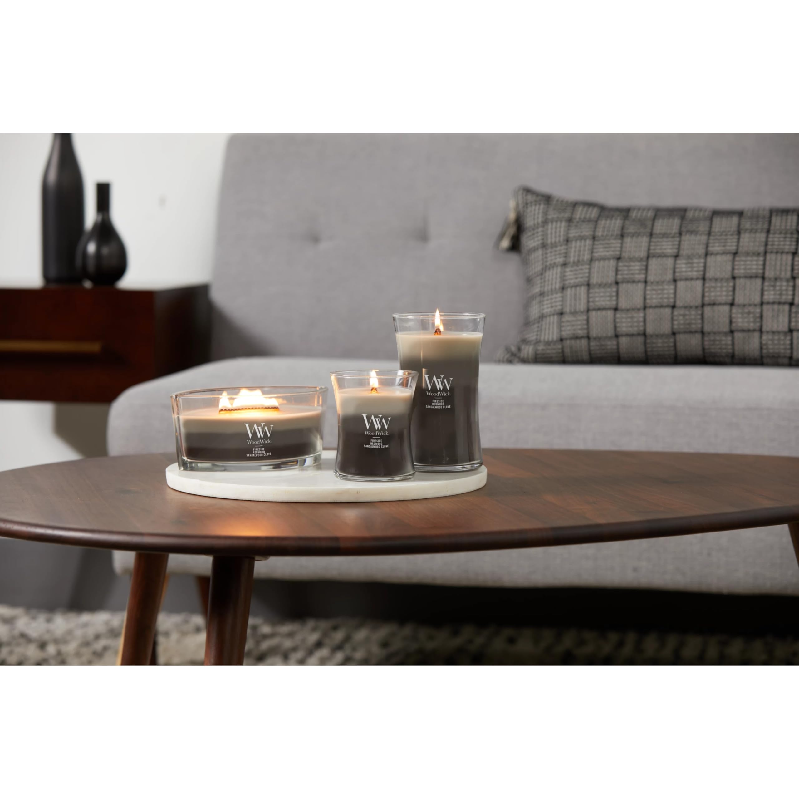WoodWick Warm Woods étiquette listant Fireside Redwood Sandalwood Clove