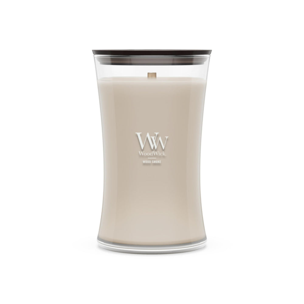 WoodWick wood smoke packaging avant montrant le design et l’utilisation pratique