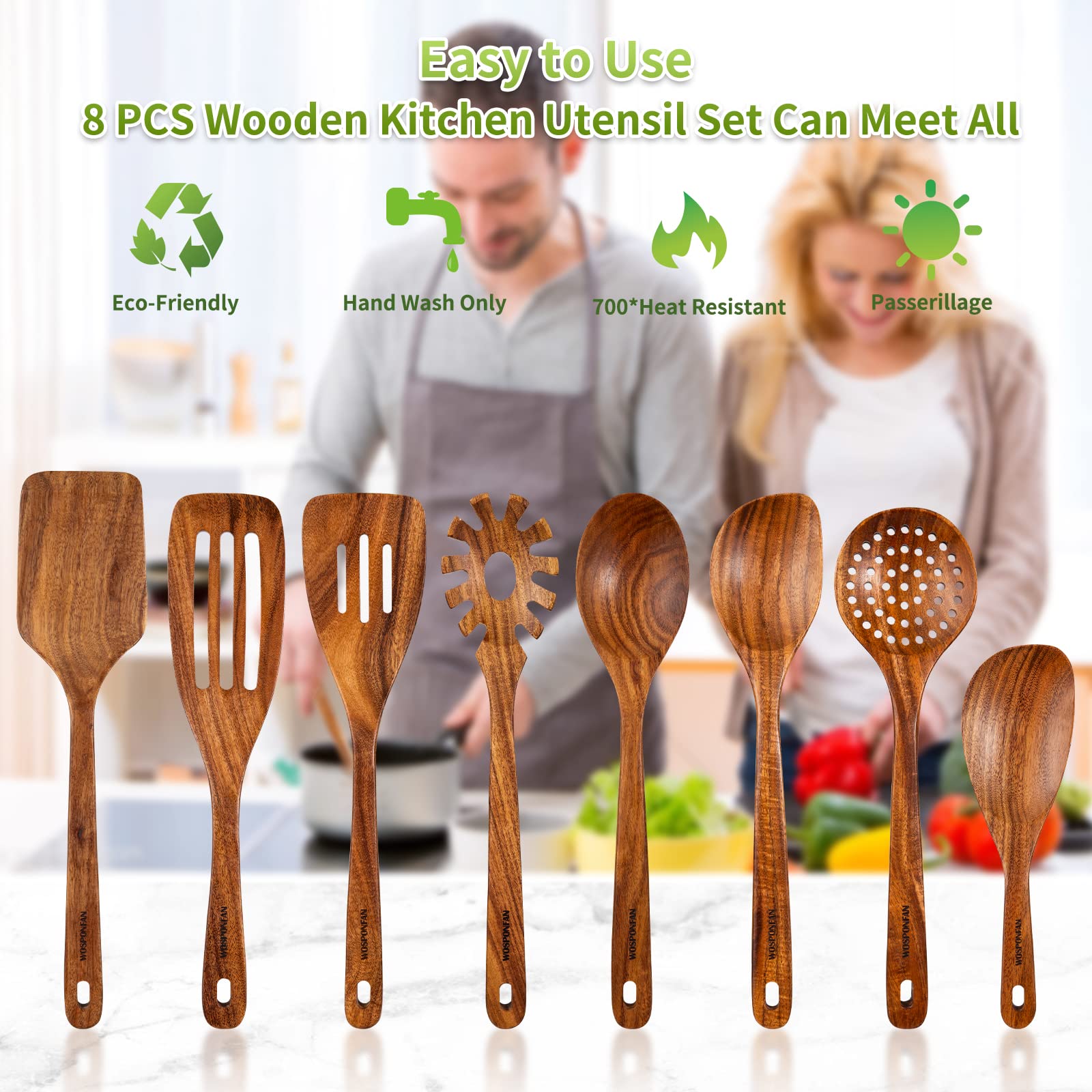 wosponfan ensemble disposé sur présentoir de cuisine, style naturel convivial