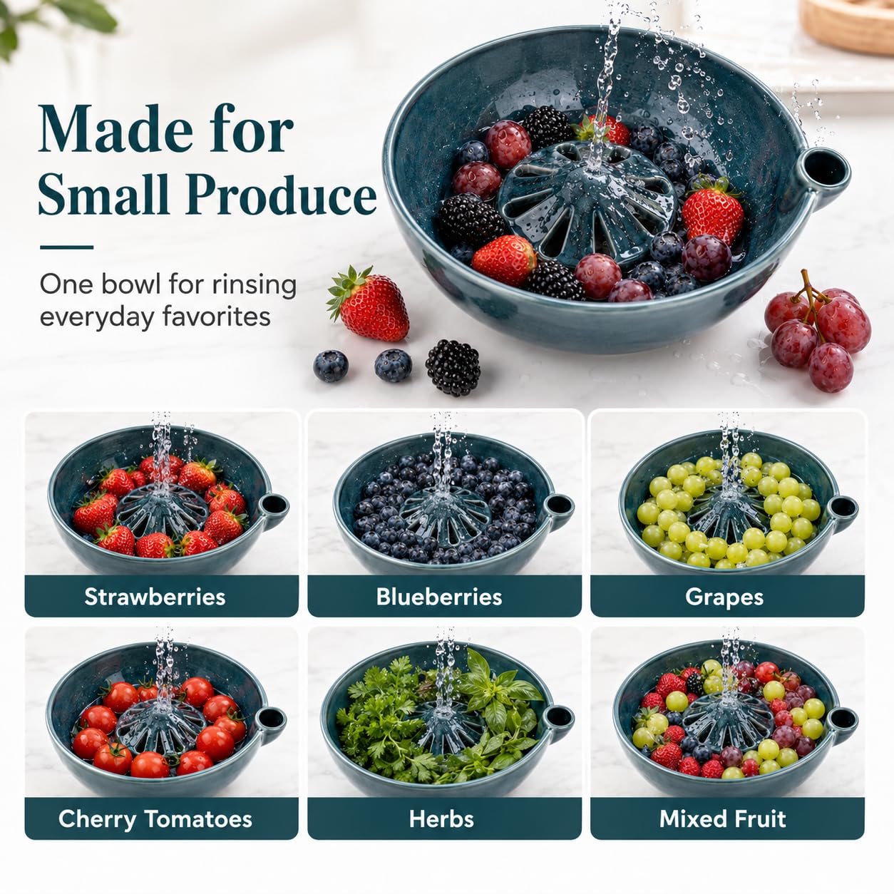 wowsome bol en céramique en usage avec fraises et myrtilles en rinçage